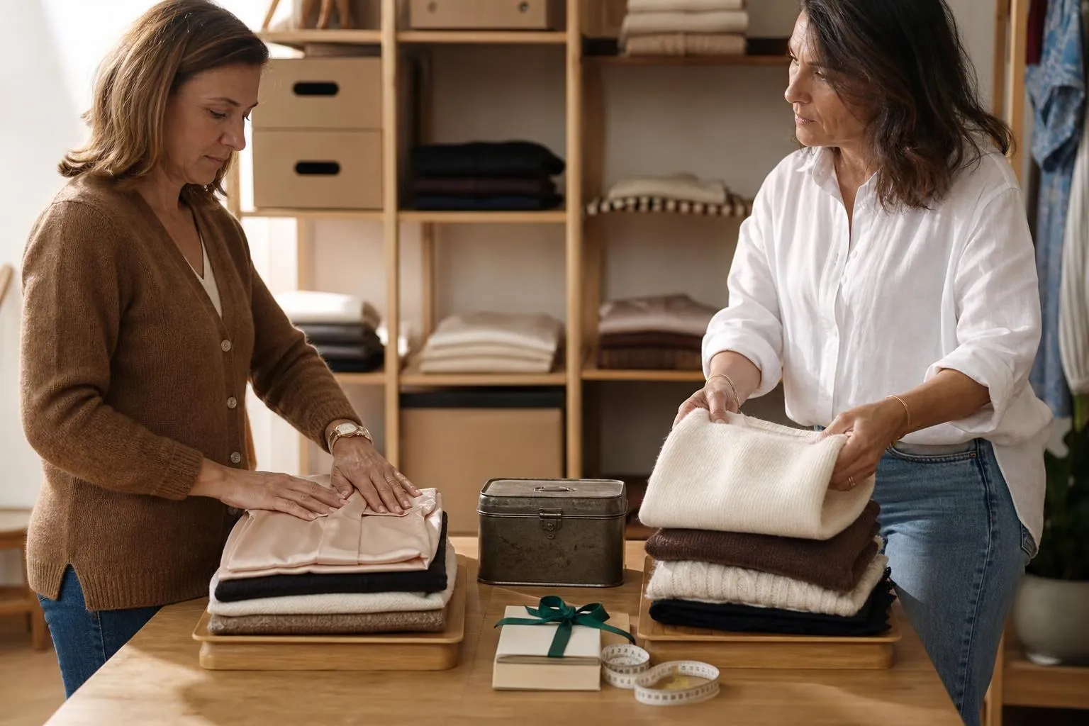 Deux commerçantes séparant sur une table deux piles de vêtements féminins, l’une pour un achat immédiat, l’autre pour un dépôt