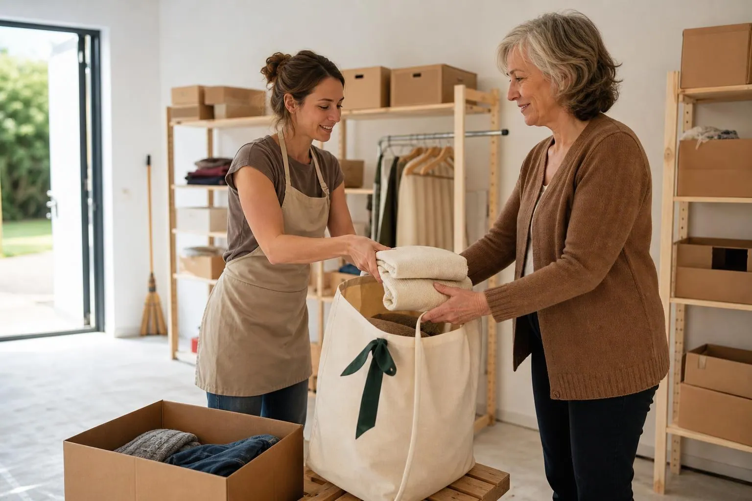 Deux femmes remplissant un grand sac en toile de vêtements pliés à côté d’un carton de collecte dans une réserve claire