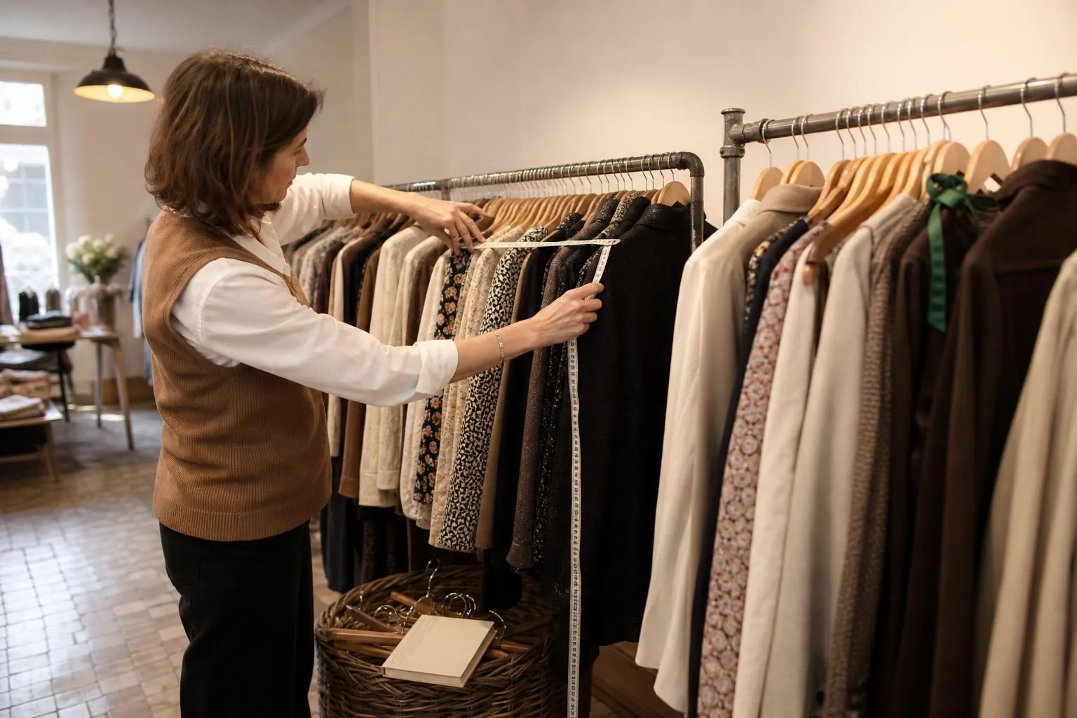 Gérante mesurant au mètre ruban la longueur occupée par les vêtements serrés sur la barre d’un portant de boutique