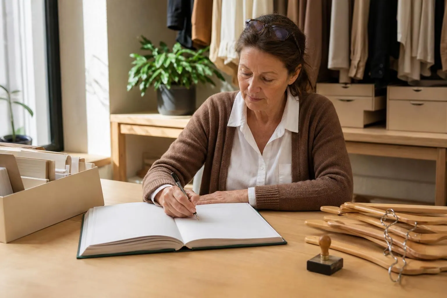 Gérante de boutique de seconde main renseignant à la main un registre relié posé sur un bureau clair près d’une fenêtre