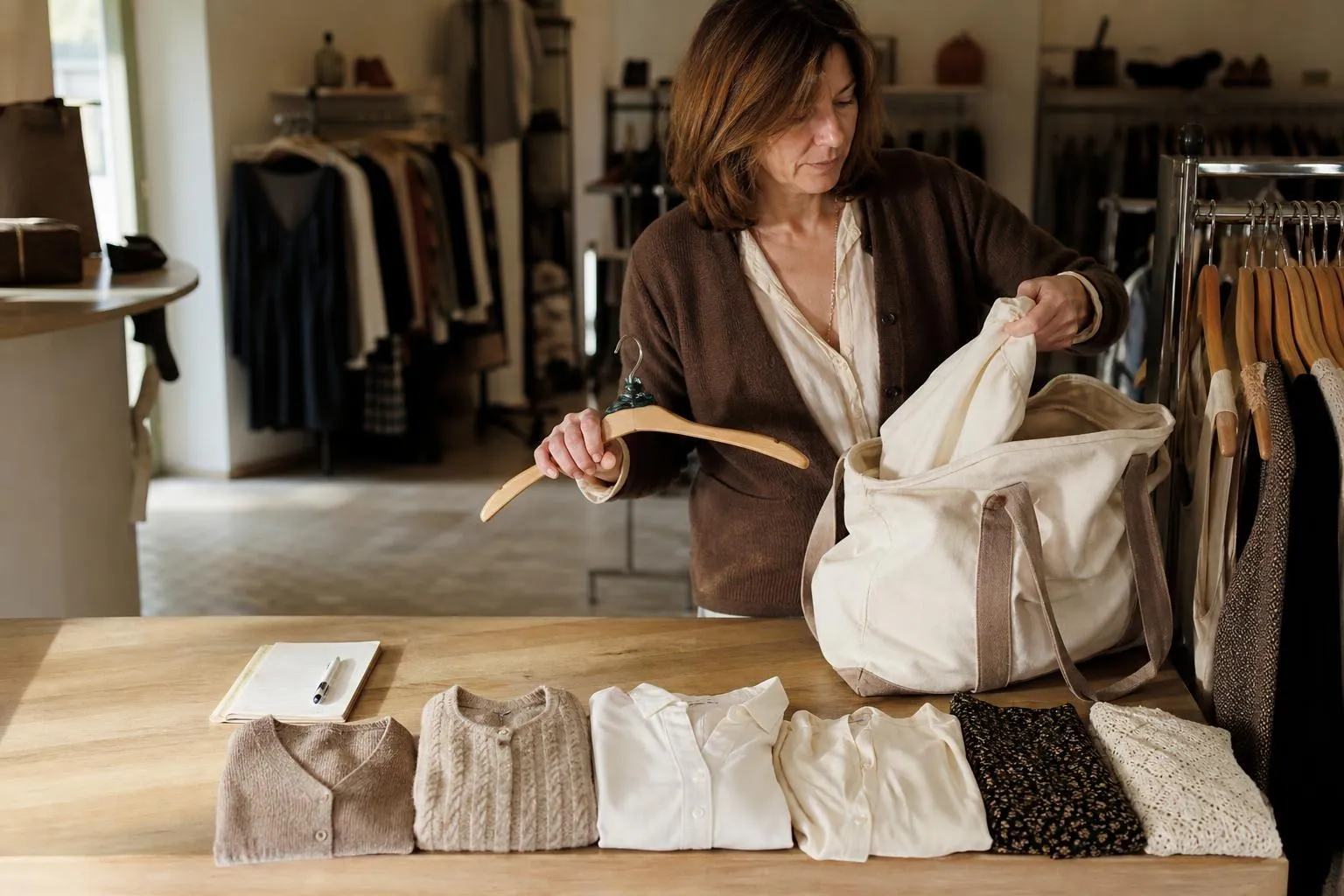 Gérante de boutique déballant un sac de vêtements féminins pliés sur un comptoir et posant chaque pièce sur un cintre