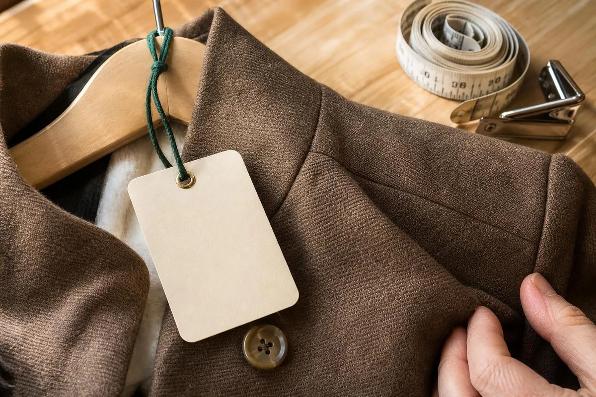 Gros plan d’une étiquette cartonnée nouée à un cintre sur la manche d’une veste en laine dans un dépôt vente féminin