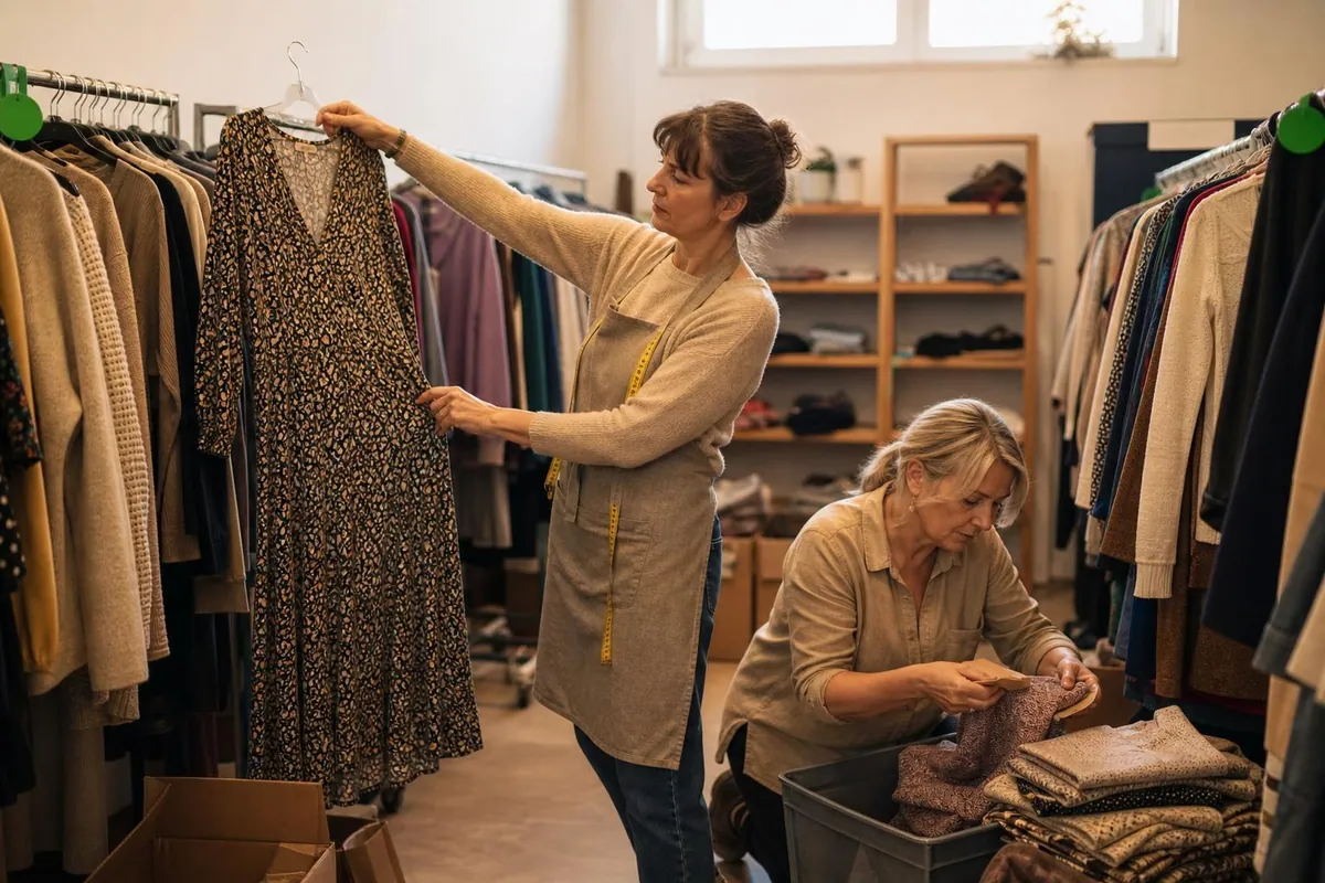 Deux vendeuses trient des vêtements féminins entre deux portants d’une boutique de seconde main pendant une opération de démarque